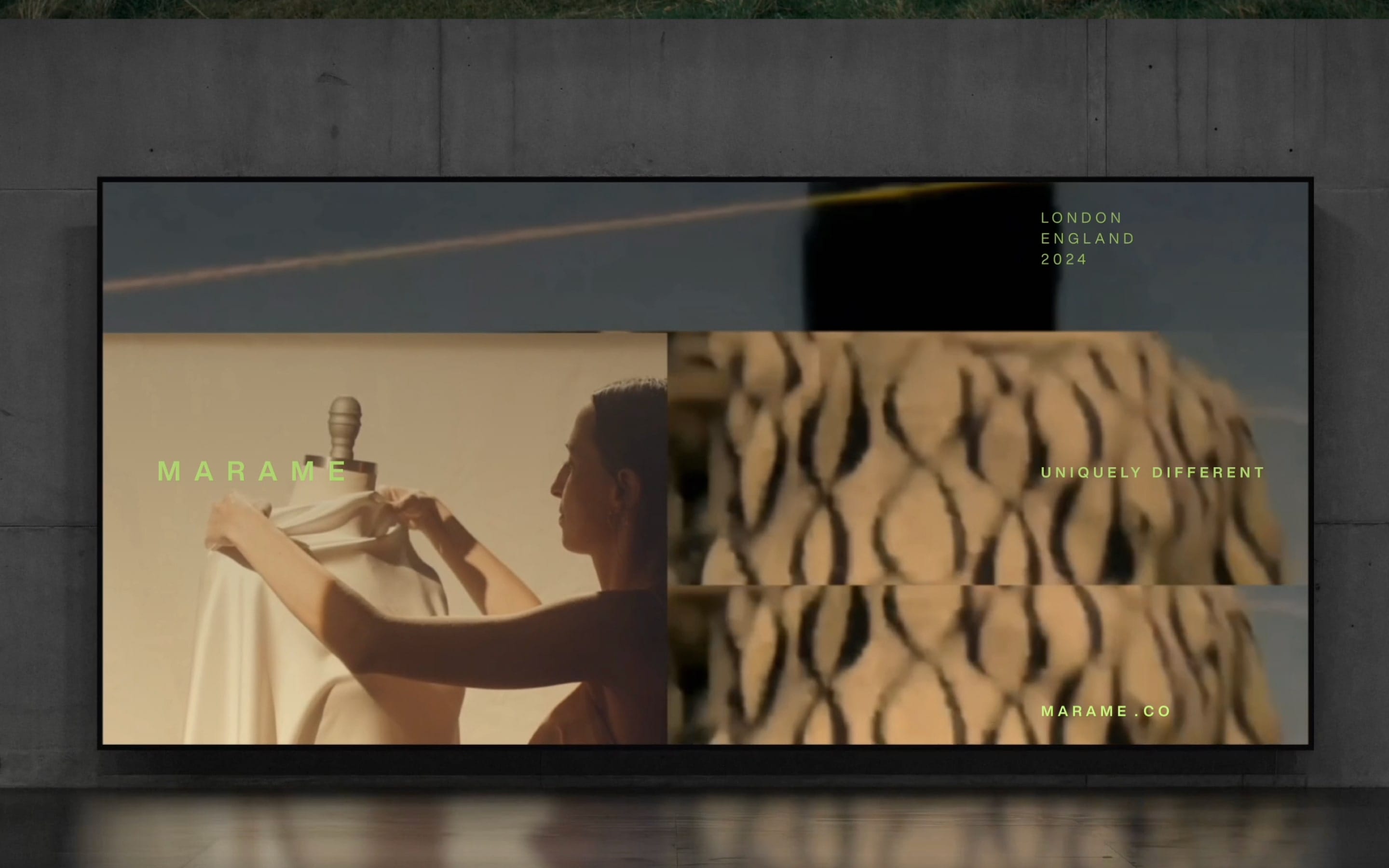 Fashion design display for Marame brand at London 2024, showcasing unique textiles and craftsmanship.