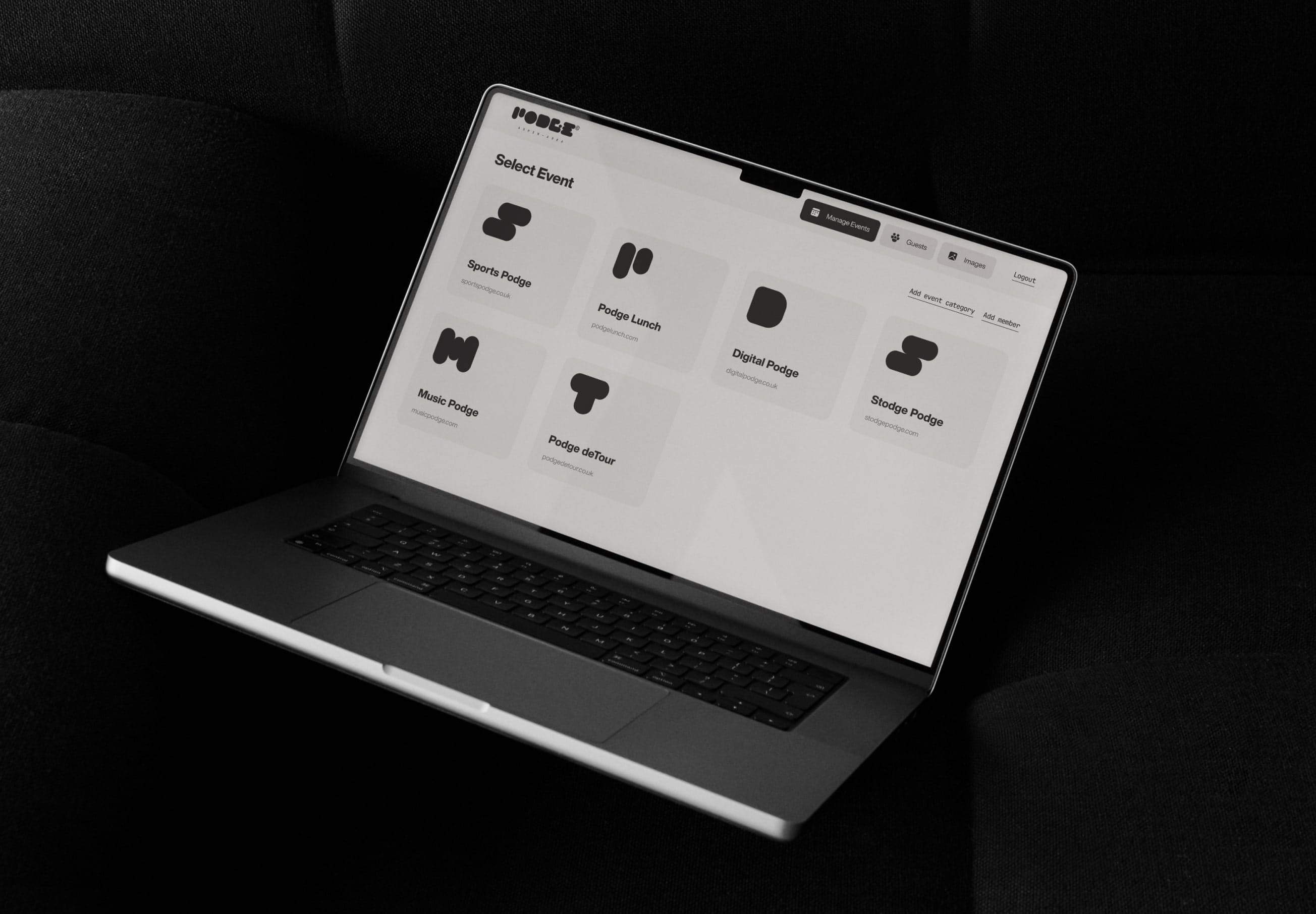 Laptop displaying event selection page for Podge, including options like Sports, Music, and Digital Podge events.
