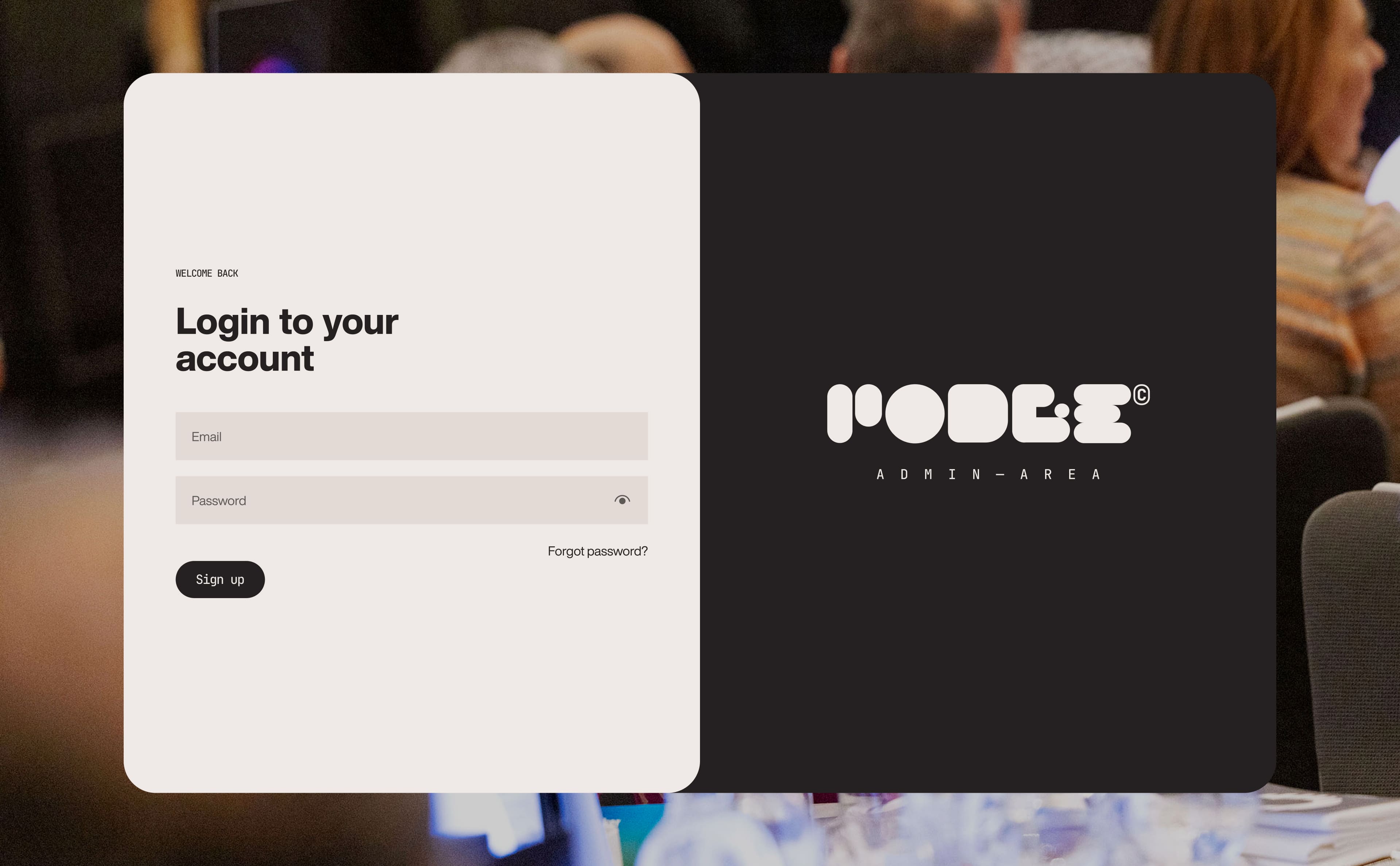 Login page for a user account with email and password fields, featuring a Sign up button.